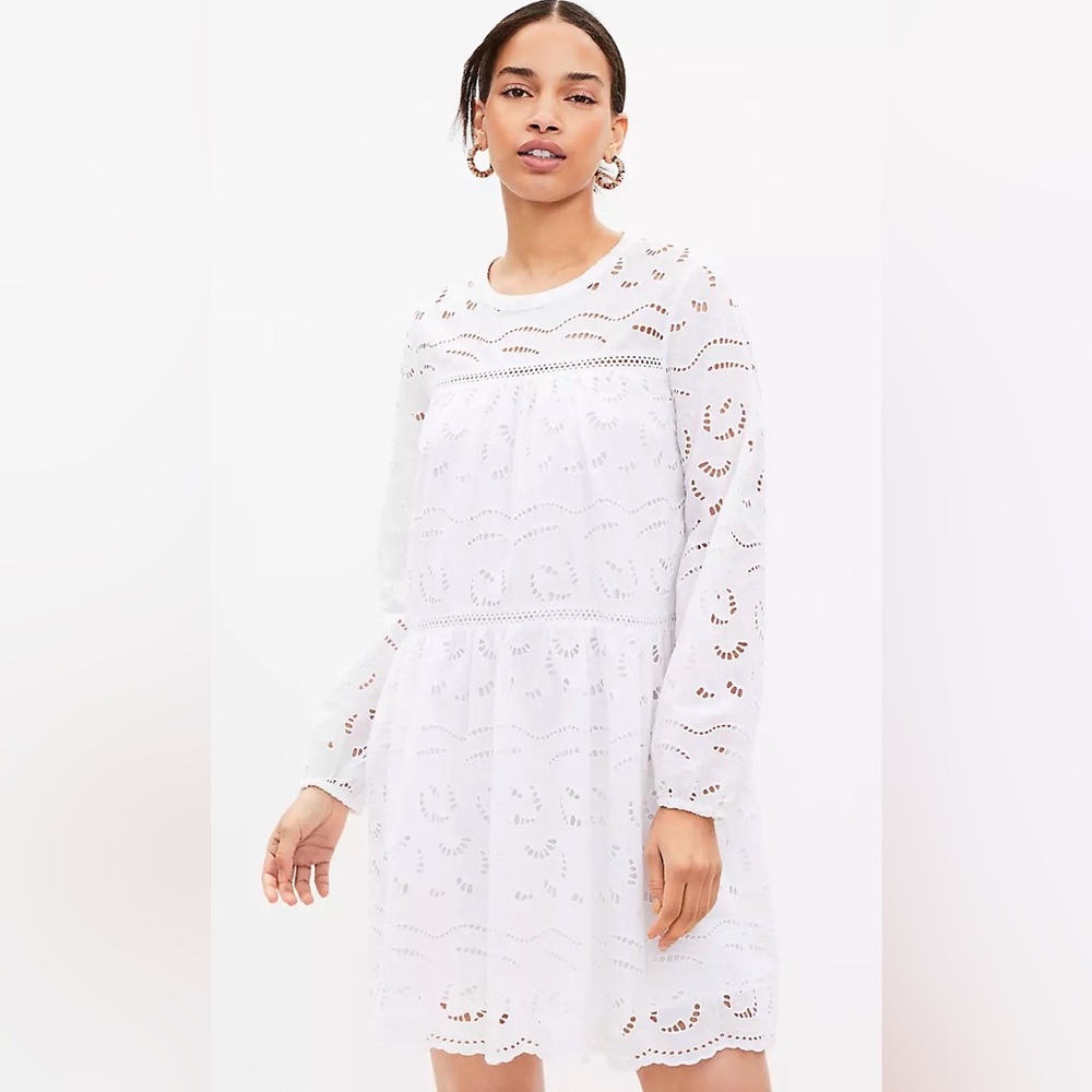 Loft White Eyelet bridal Lace Mini Dress Boho Cottagecore Scallop Hem Large Tall